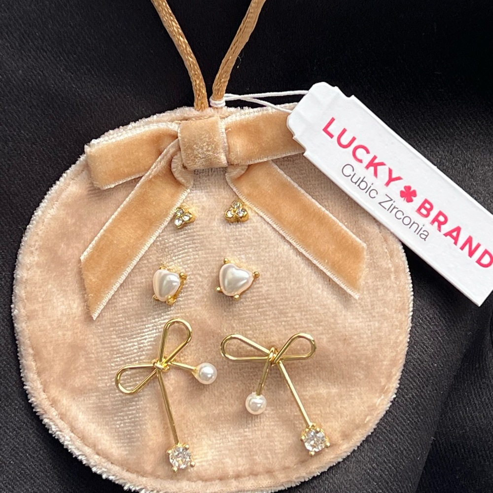 Lucky Brand Gold-Tone Pearl & Crystal Bow Earring Set - Cream